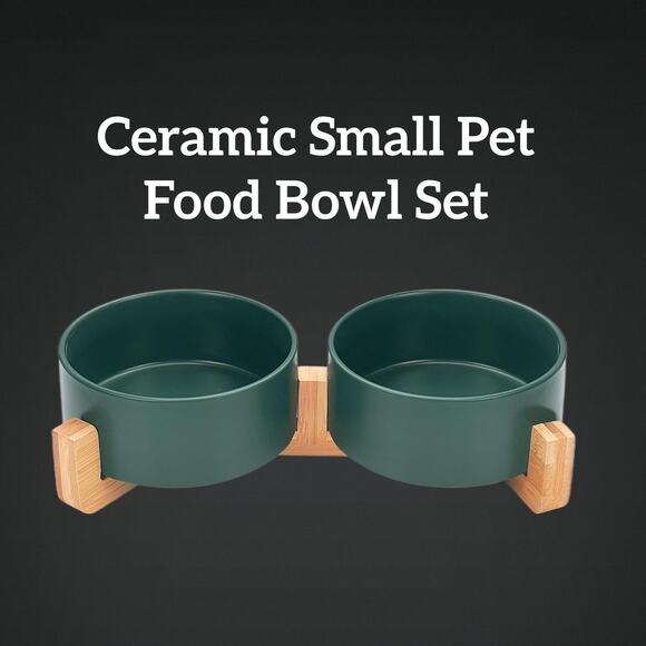 New Ceramic Small Pet Food & Water Bowl Set with Stand - Picture 1 of 6